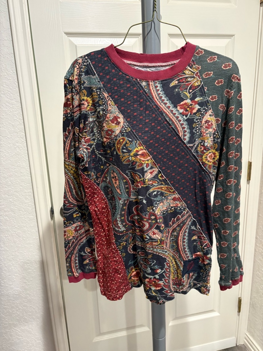 Double D Ranch Multicolor Paisley Patchwork Sweatshirt - Burgundy, Navy, Green